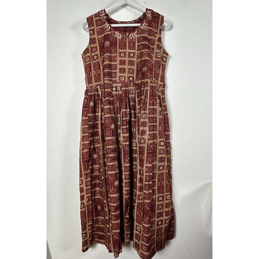 Emli Womens Sleeveless Midi Dress XL Red Gold Geometric Print Boho Ethnic New